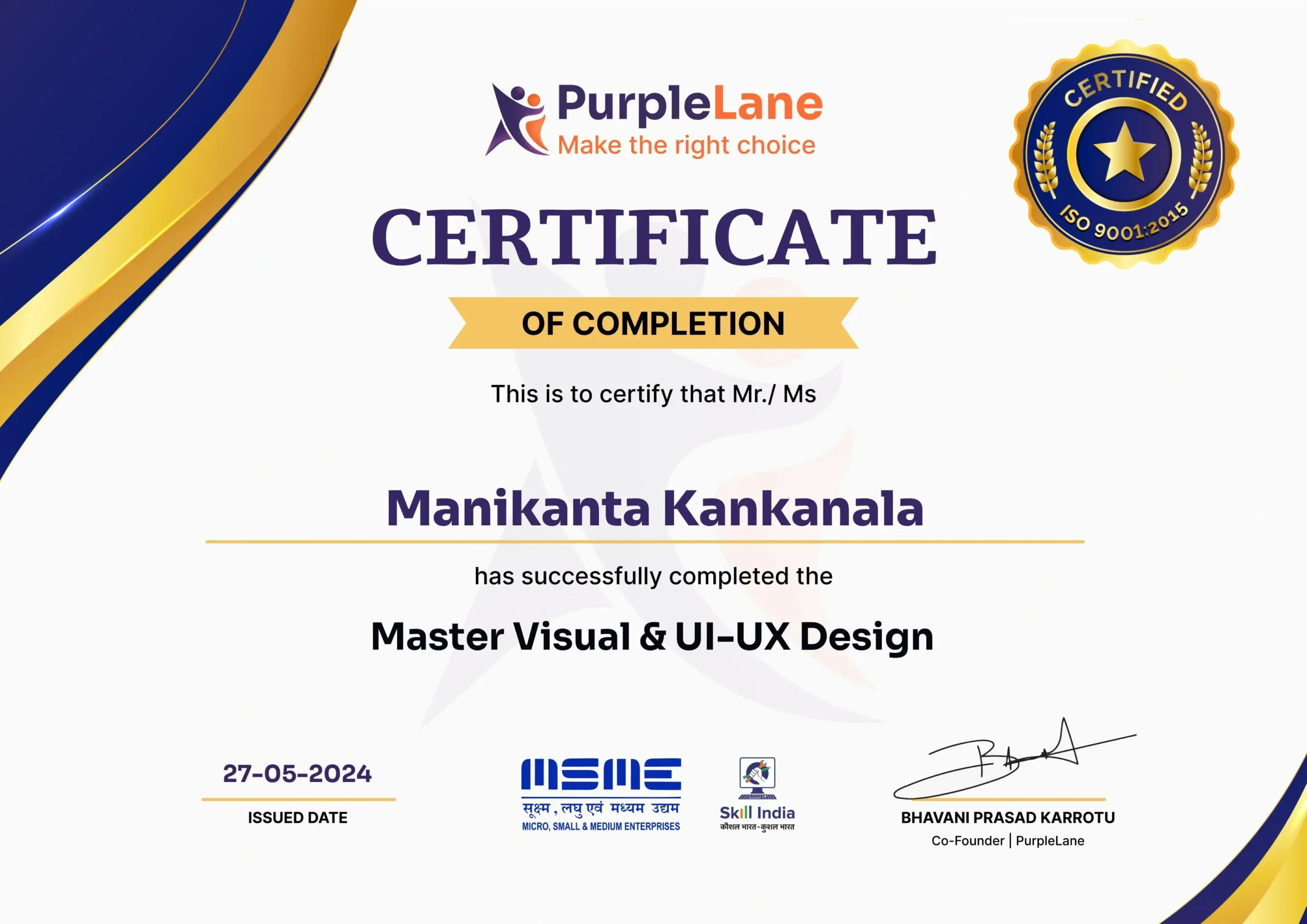 Sample PurpleLane Visual & UI/UX Design with GenAI certificate
