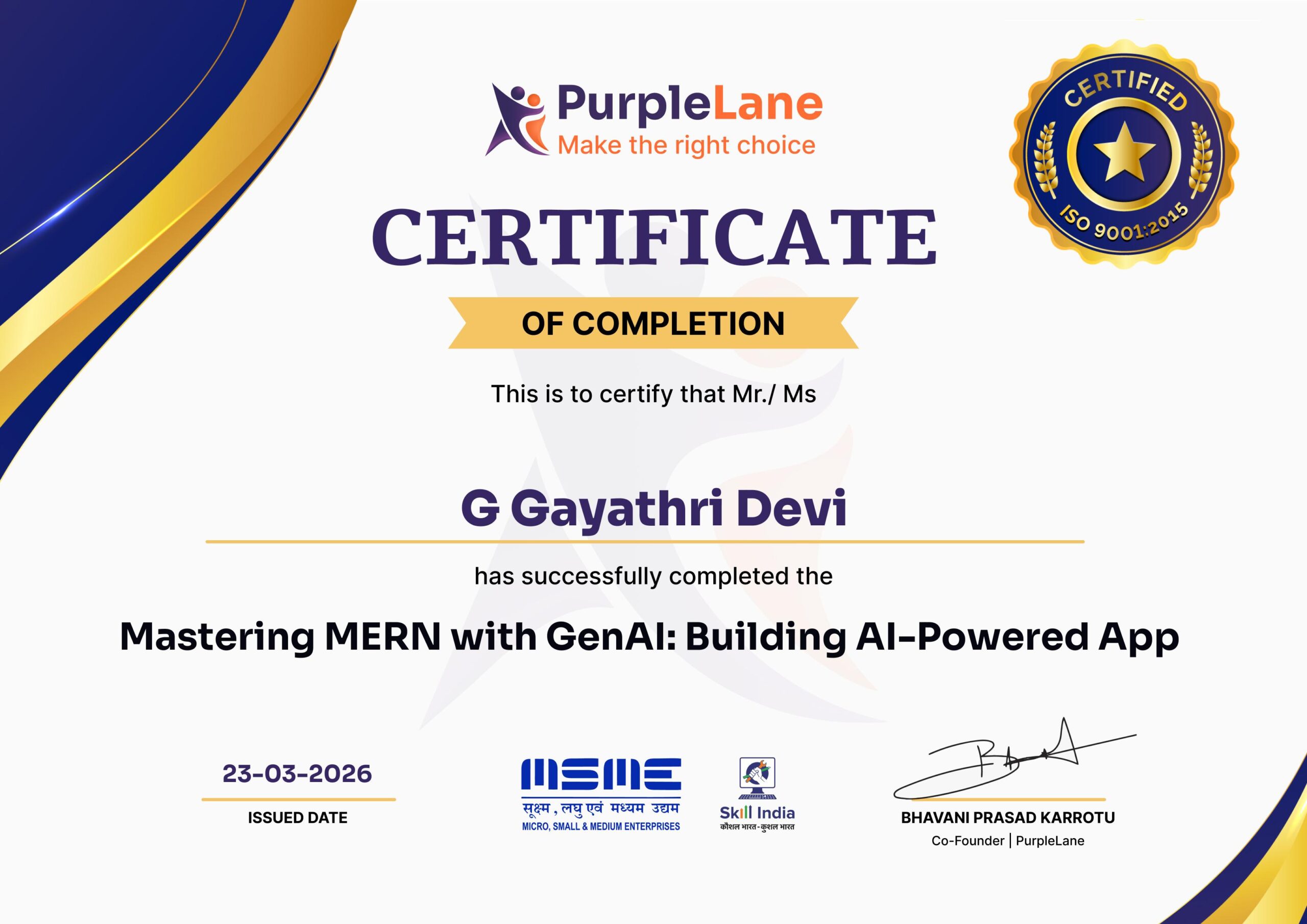 PurpleLane Course Completion Certificate